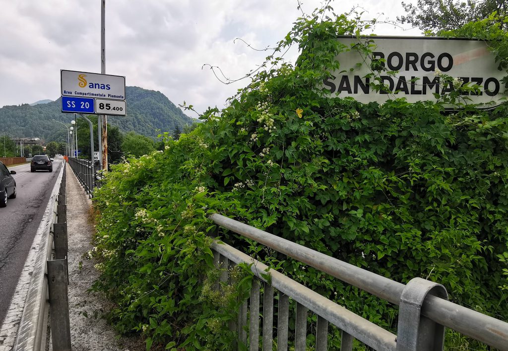 Il punto di passaggio, con la vegetazione che infesta i cartelli,della tratta di competenza dal Comune di Borgo ad Anas.