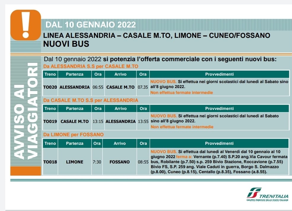 L'avviso di Trenitalia con l'orario dei nuovi bus sostitutivio attivi dal 10 gennaio 2022